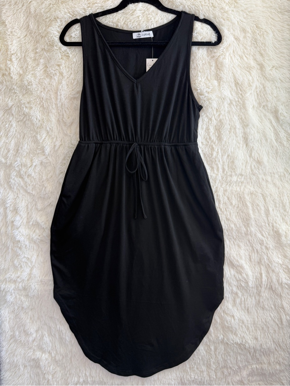 Cupshe Womens Midi Dress Size M Black Curved Hemline V-neck Drawstring Waist